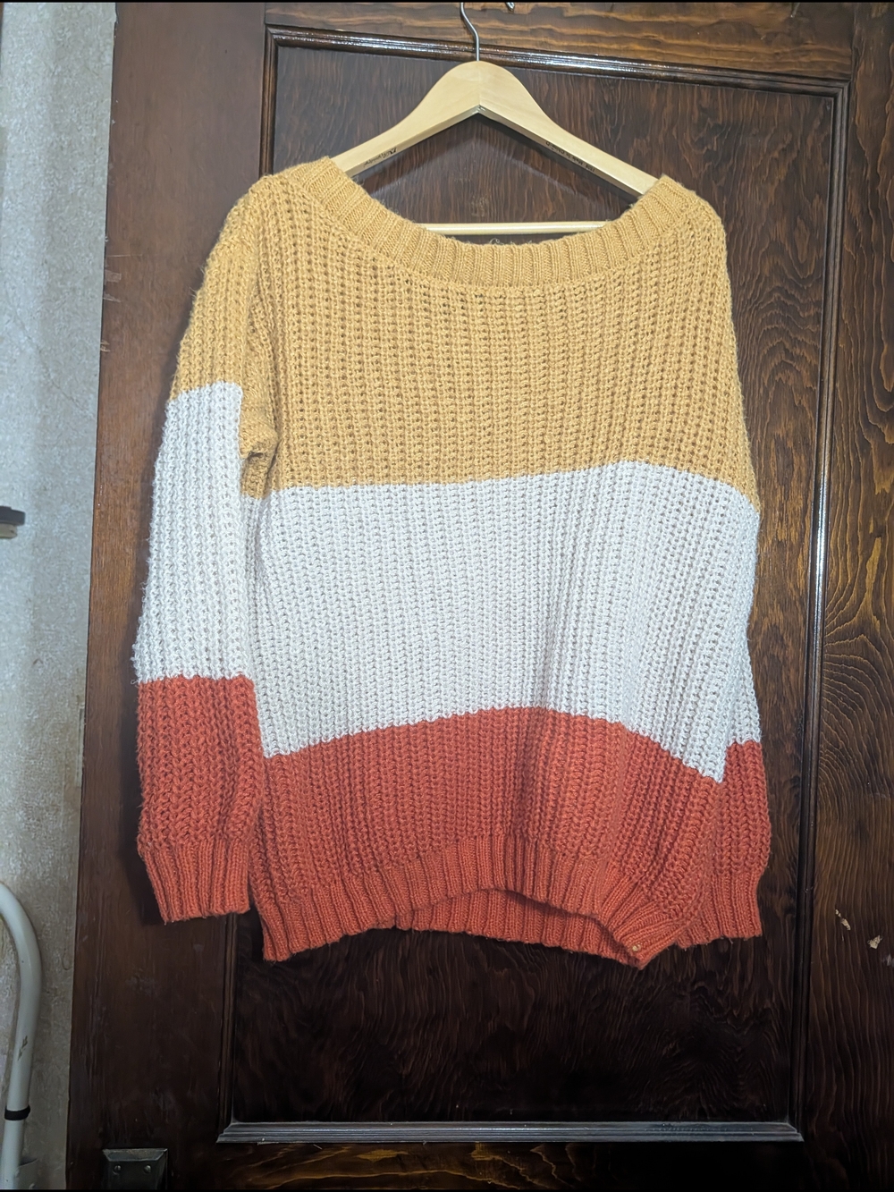 SHEIN Mustard, Cream & Rust Off-Shoulder Colorblock Sweater